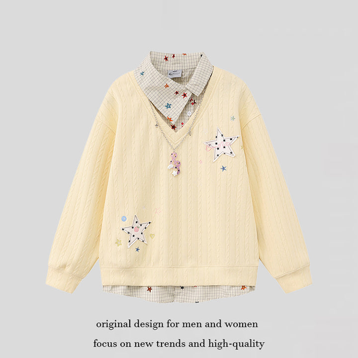 Women's Layered-Look Knit Sweater with Attached Shirt Placket, Star Appliqués and Chain Charm Amarae