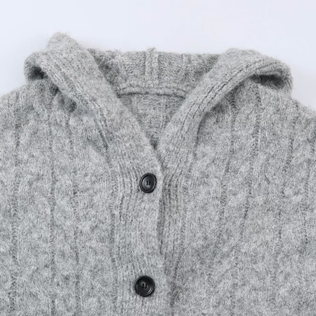 Women's Long Knitted Hooded Cardigan with Cable Pattern and Button Placket Amarae