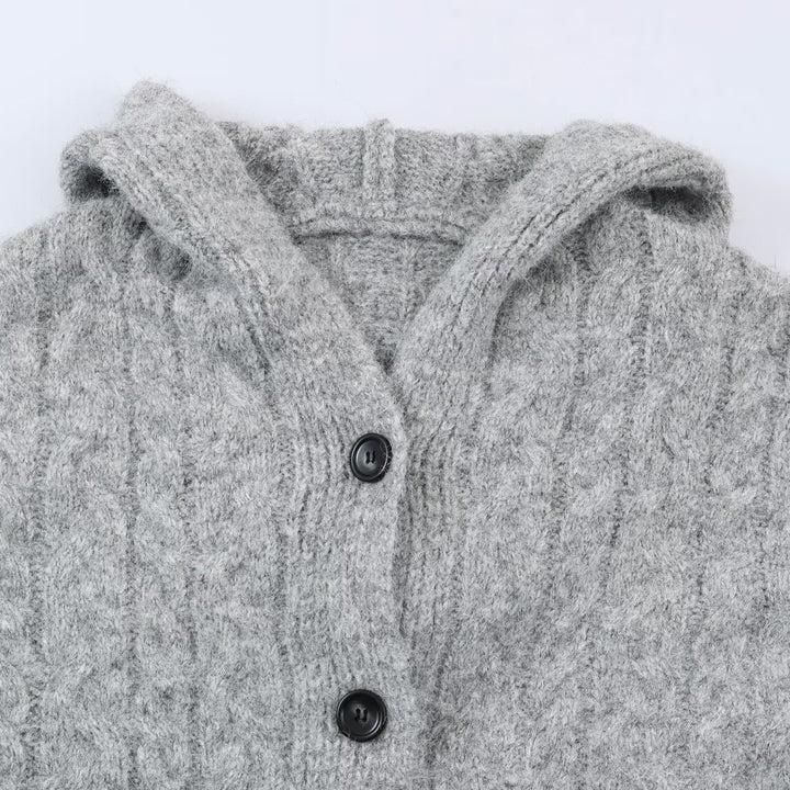 Women's Long Knitted Hooded Cardigan with Cable Pattern and Button Placket Amarae