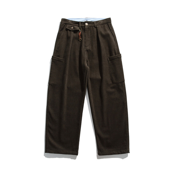 Men's Wide Corduroy Cargo Pants with Pleats, Applied Side Pockets and Relaxed Fit Amarae