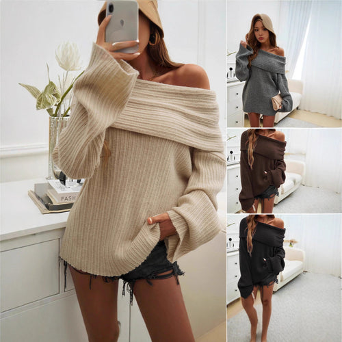 Women Off-Shoulder Knitted Sweater with Chic Ribbed Design