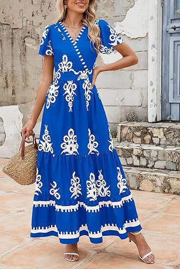 Maxi dress for women with V-neckline and contrasting embroidery details Lune London