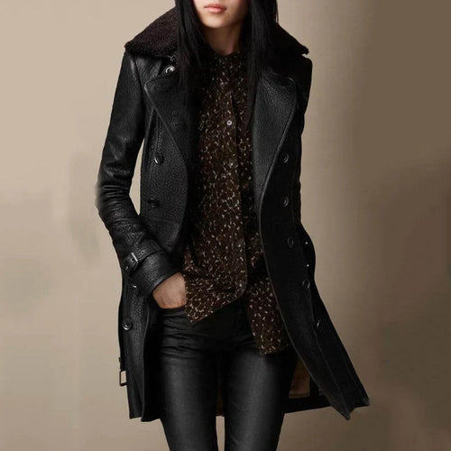 Amarae | Double-Breasted Leather Jacket with Sheepskin Collar for Women