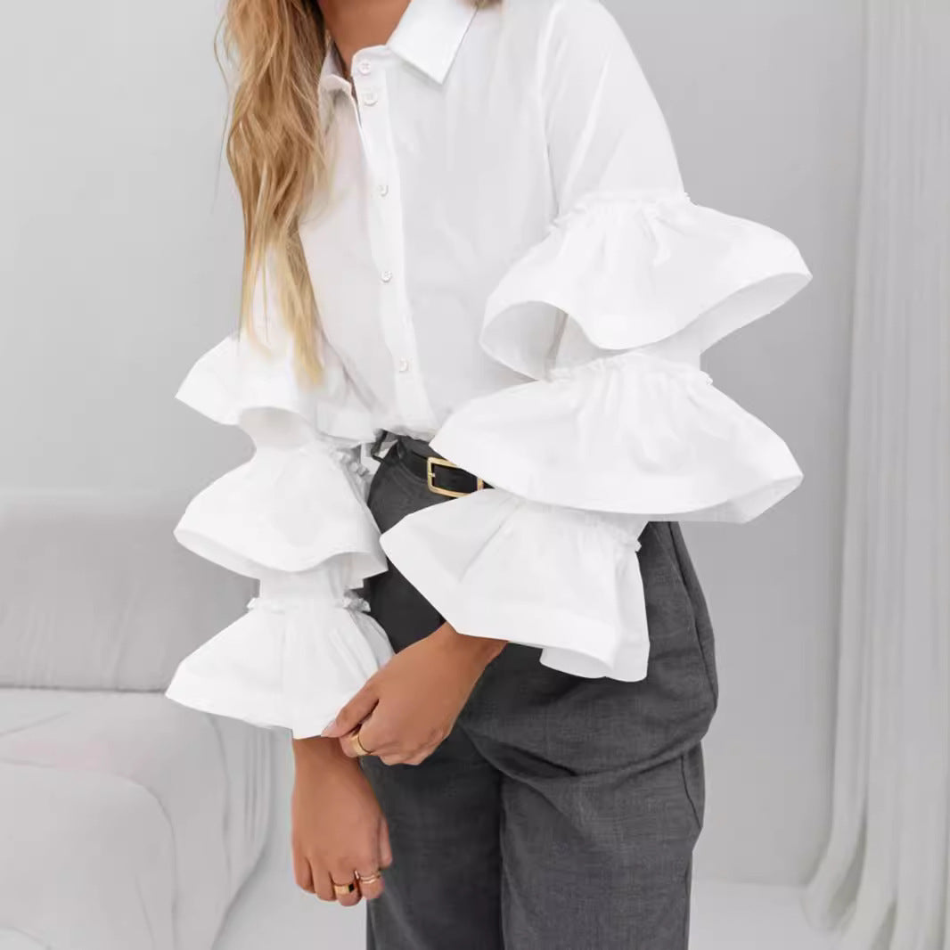 Blouse for ladies with button placket and ruffled sleeves Lune London