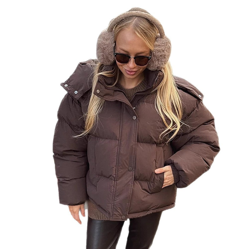 Women's short-cut oversized quilted jacket with high stand-up collar and concealed snap button placket Amarae