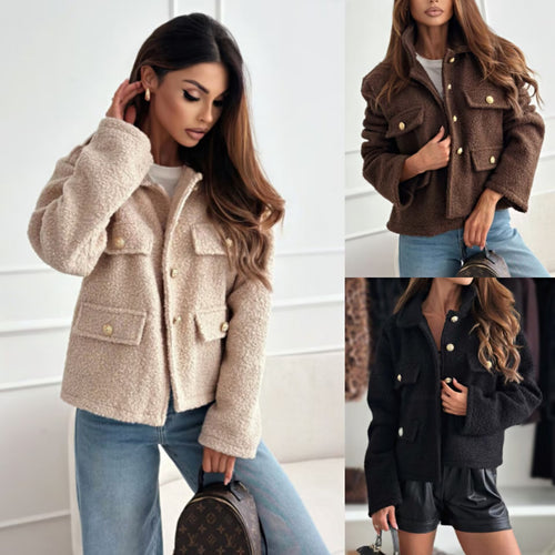 Ladies Plush Fleece Jacket with Decorative Pockets and Golden Buttons Amarae