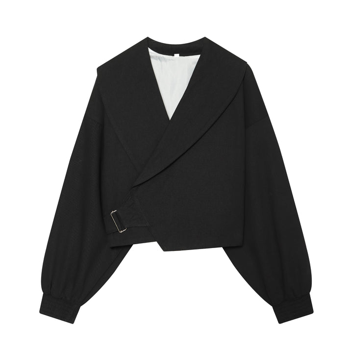 Women's short jacket with wide sailor collar, balloon sleeves, and asymmetrical buckle closure Amarae