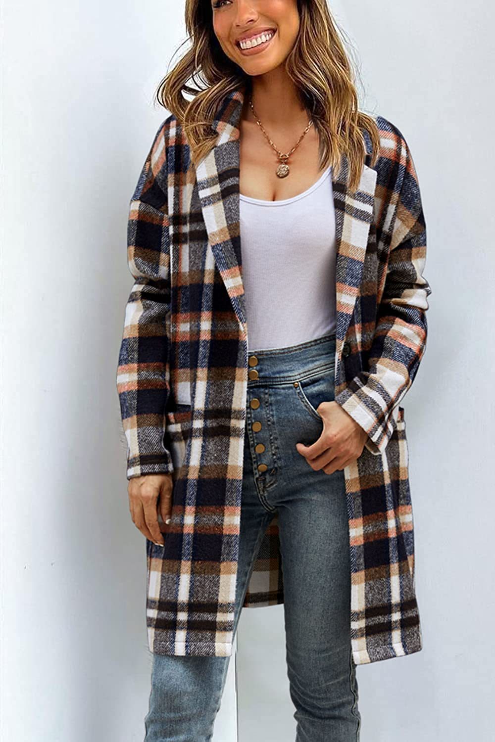 Ladies Trendy Checkered Coat with Deep Collar and Practical Pockets Lune London