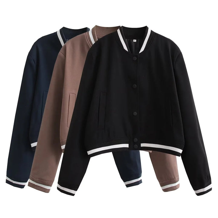 Veste bomber à la mode pour femmes avec des poignets en tricot contrastants et des poches pratiques
