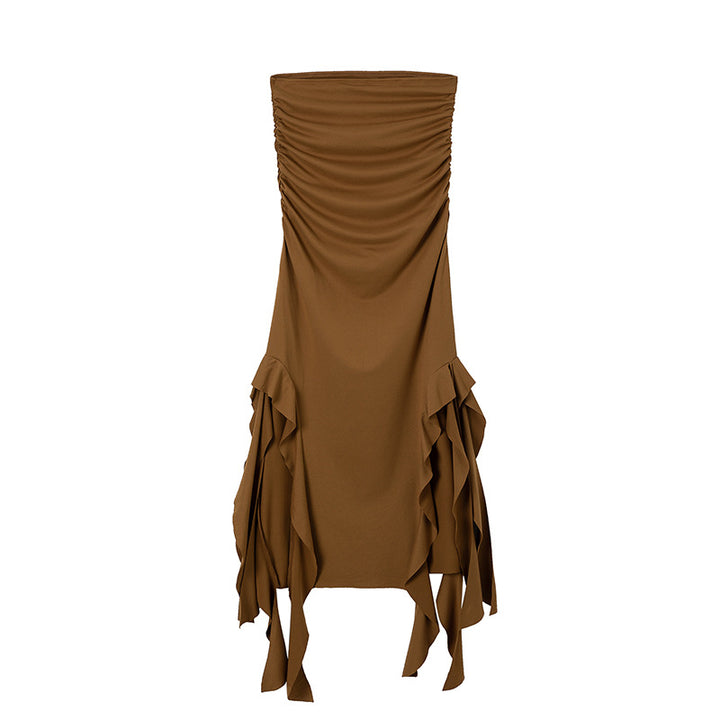 Lune London asymmetric hem gathered maxi dress for ladies