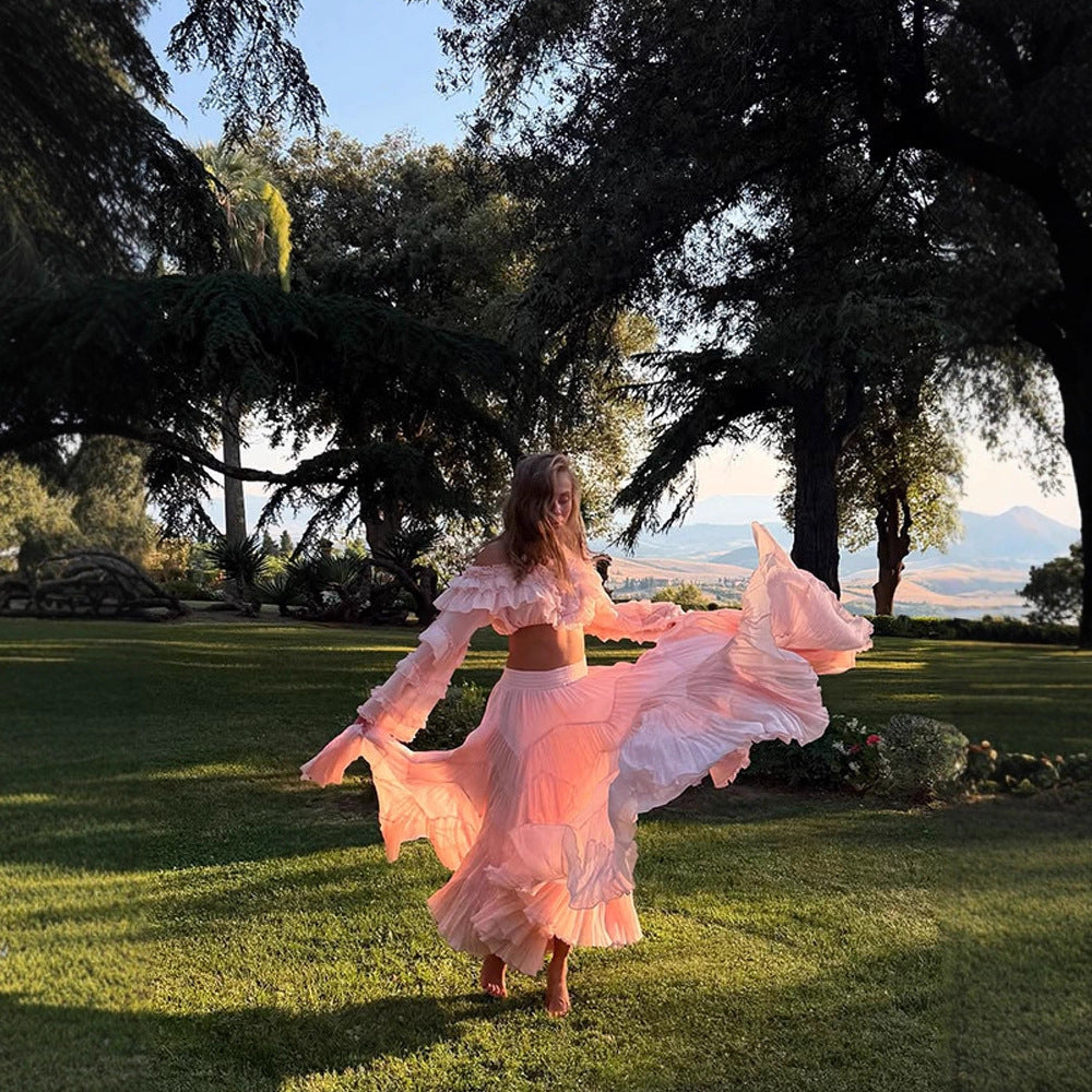 Women's Boho Two-Piece with Cropped Ruffle Top and Pleated Maxi Skirt Amarae