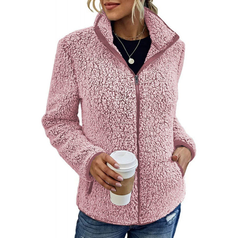 Women's Fluffy Fleece Jacket with High Collar and Side Pockets Lune London