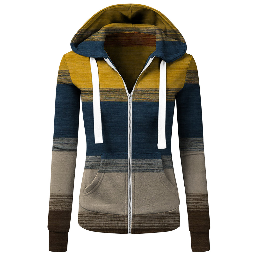 Women's Striped Hooded Jacket with Zipper, Kangaroo Pocket and Drawstring Amarae