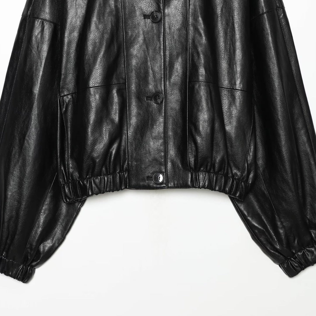 Women's Short Faux Leather Bomber Jacket with High Funnel Collar and Elastic Hem Amarae