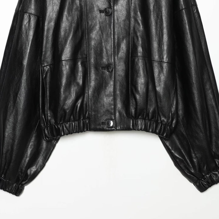 Women's Short Faux Leather Bomber Jacket with High Funnel Collar and Elastic Hem Amarae