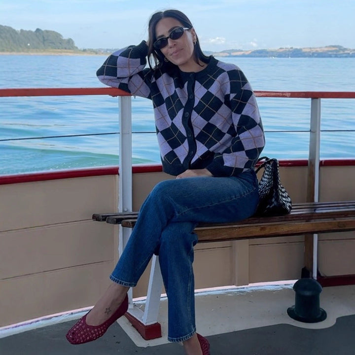 Ladies Argyle Cardigan with Boxy Silhouette and Large Button Placket Amarae