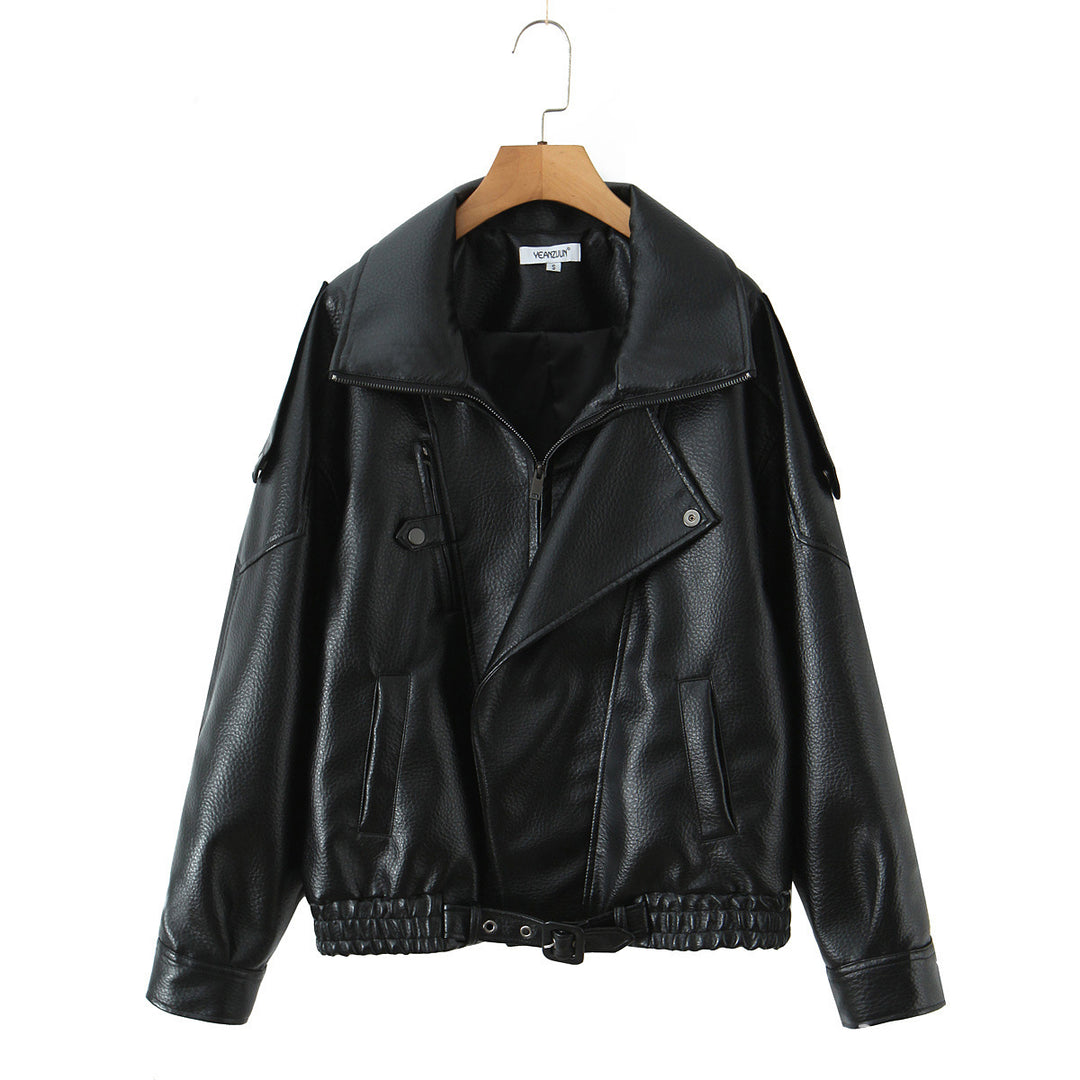 Fashionable women’s synthetic leather jacket with erotic lapels and elastic hem Lune London