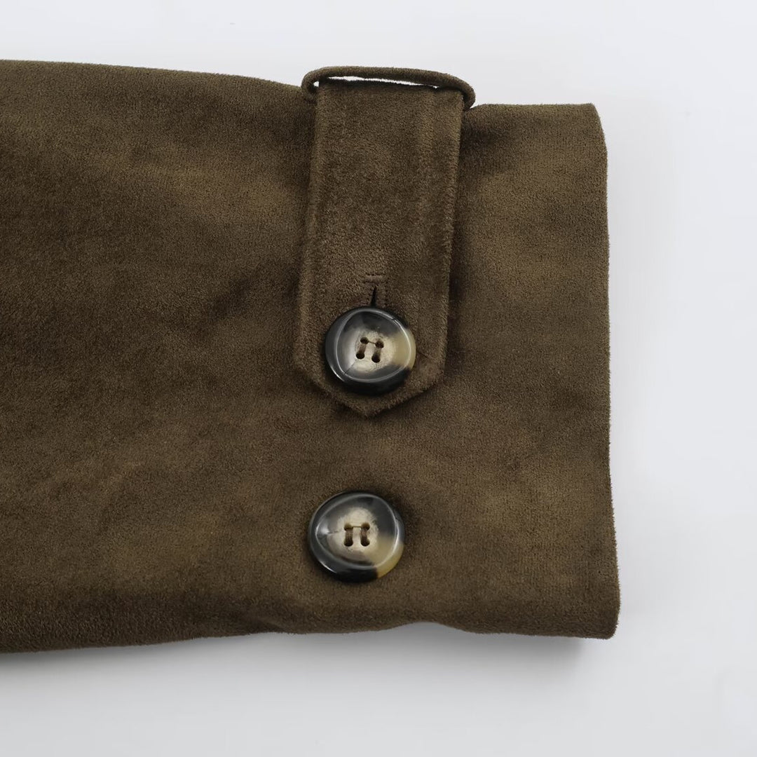 Women's Short-Cut Double-Breasted Suede-Look Bomber with Stand-Up Collar and Shoulder Patches Amarae