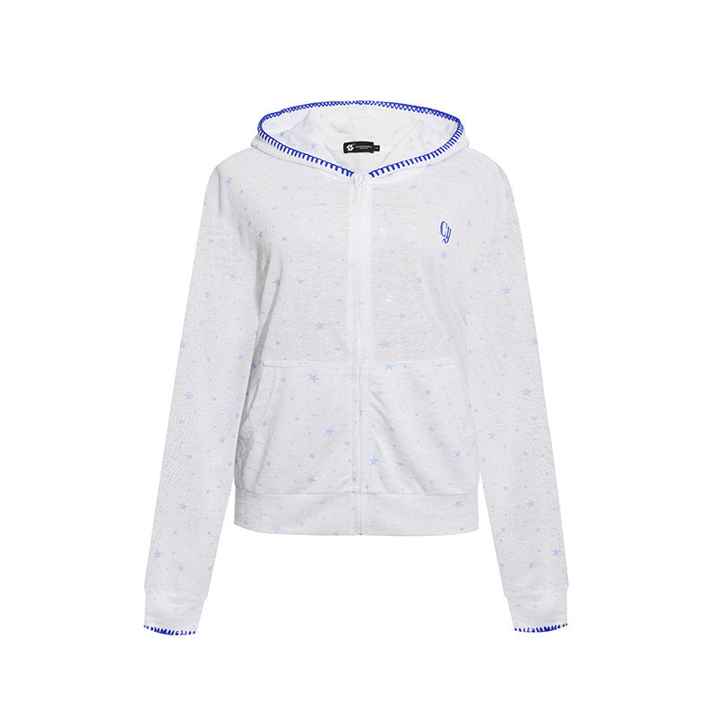 Women's Lightweight Hooded Zip Cardigan with Allover Stars and Decorative Stitching