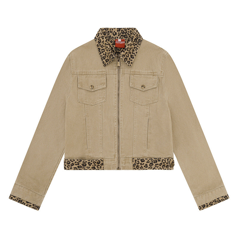 Women’s Short Cut Denim Trucker Jacket with Leopard Contrast Collar and Cuffed Sleeves Amarae