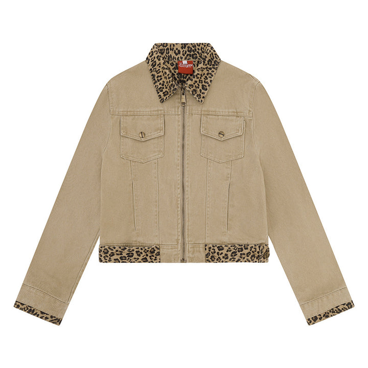 Women’s Short Cut Denim Trucker Jacket with Leopard Contrast Collar and Cuffed Sleeves Amarae