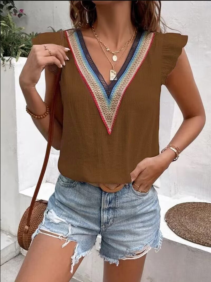 Embroidered V neck blouse for women with ruffle sleeves Lune London