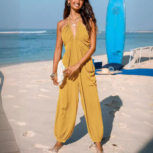Ladies casual jumpsuit with plunging neckline and practical pockets Chic and Style