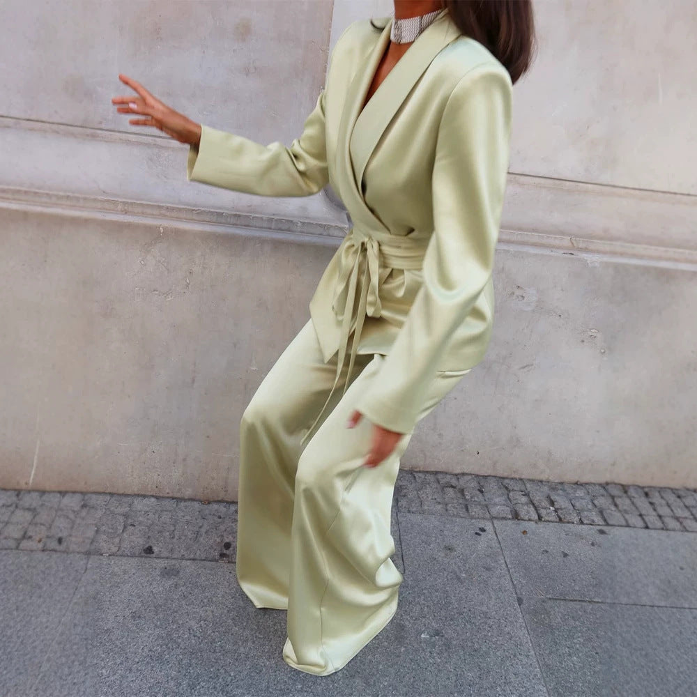 Women's Satin Two-Piece with Fitted Wrap Blazer and Wide Palazzo Pants Amarae