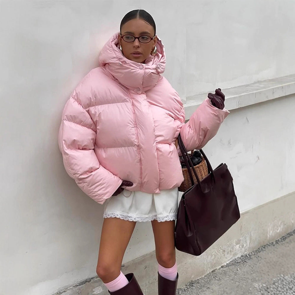 Women's short oversized quilted down jacket with hood and high stand-up collar Amarae