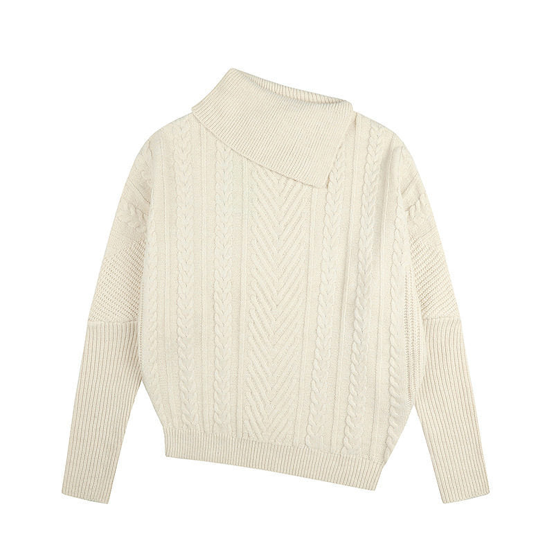Women's asymmetrical cable knit sweater with diagonal turtleneck and oversized fit Amarae