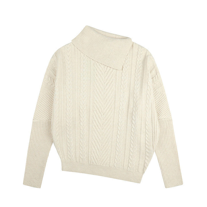 Women's asymmetrical cable knit sweater with diagonal turtleneck and oversized fit Amarae