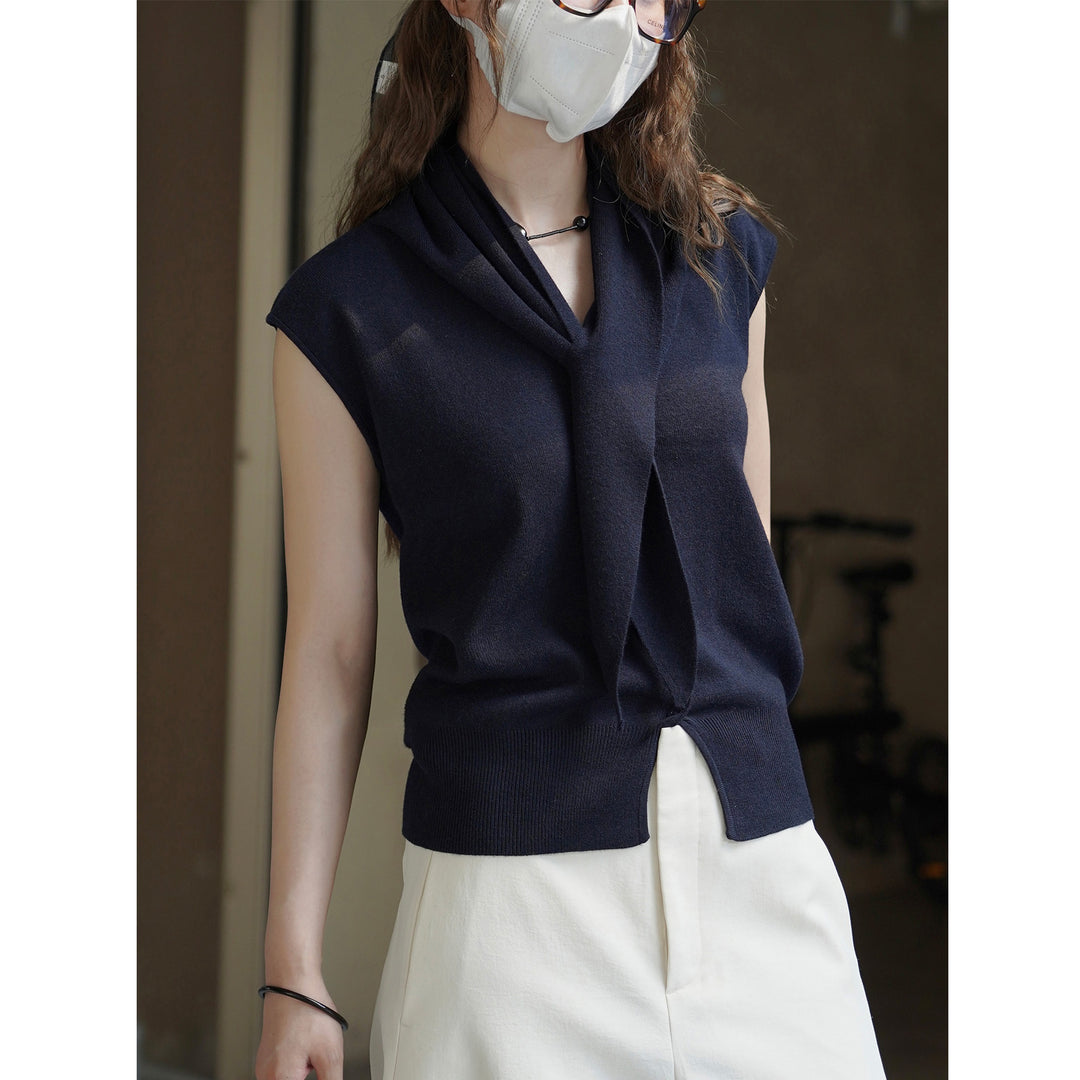 Women's Sleeveless Fine Knit Vest with V-Neck, Button Placket and Tie Waist Amarae