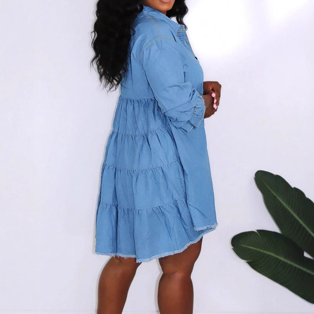 Women Oversize Denim Shirt Dress with Continuous Button Placket and Pockets Amarae