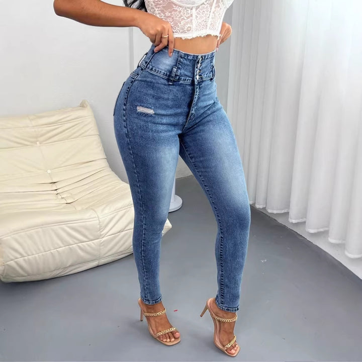 Ladies High-Waisted Skinny Jeans with waist-shaping multiple button and sculpting side seam Amarae