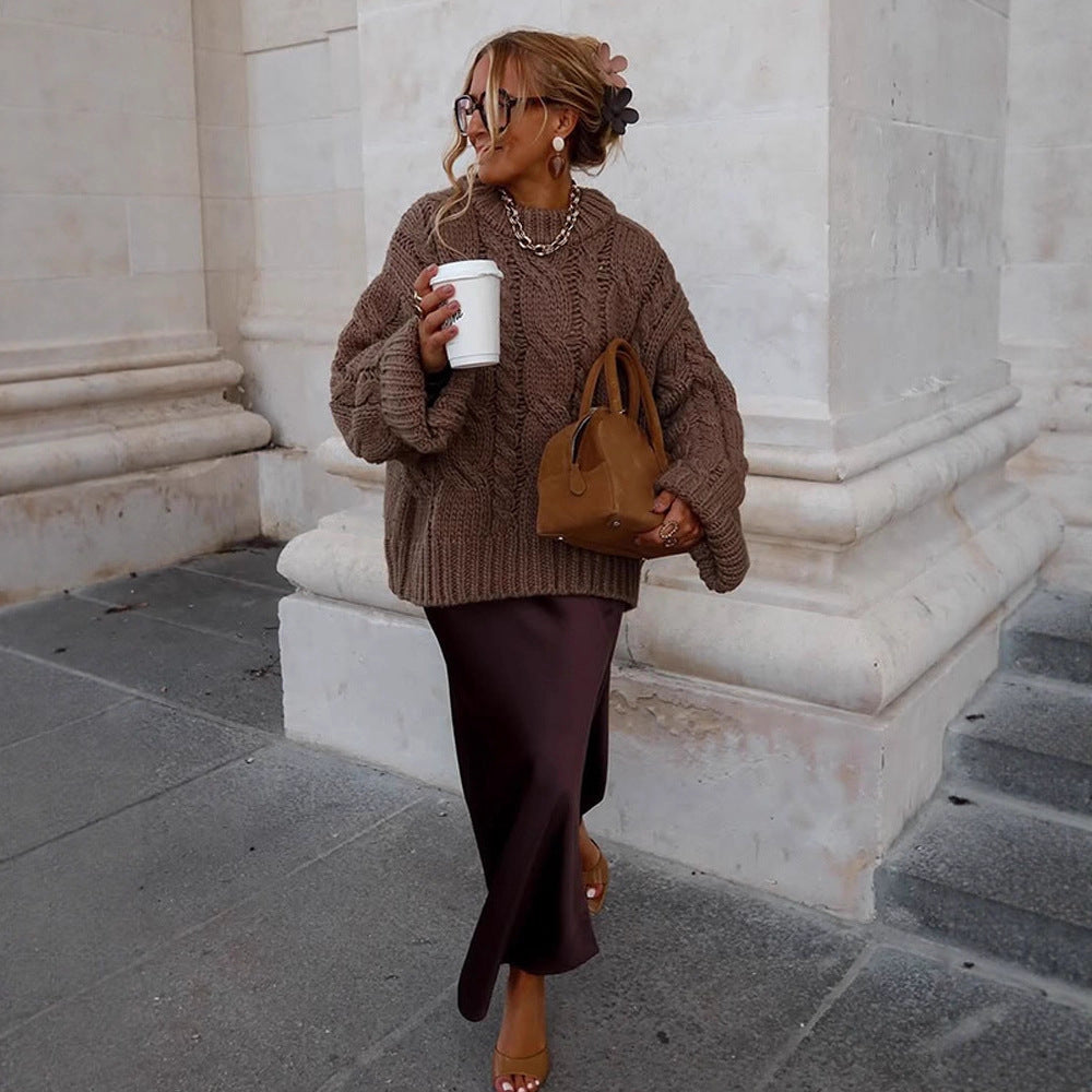 Women's Oversize Chunky Knit Sweater with Cable Knit, High Collar and Extended Sleeves Amarae