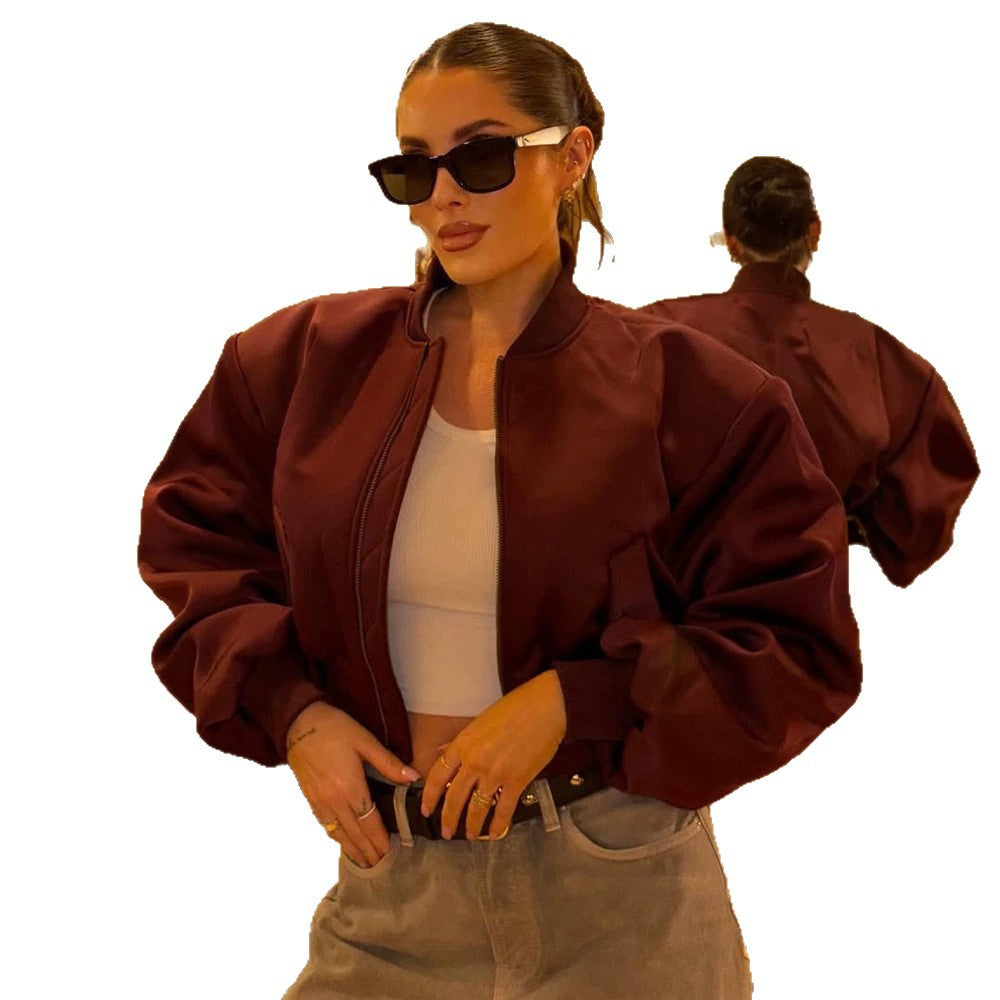 Ladies Short Satin Bomber with Boxy Silhouette, Flap Pockets and Elastic Cuff Amarae