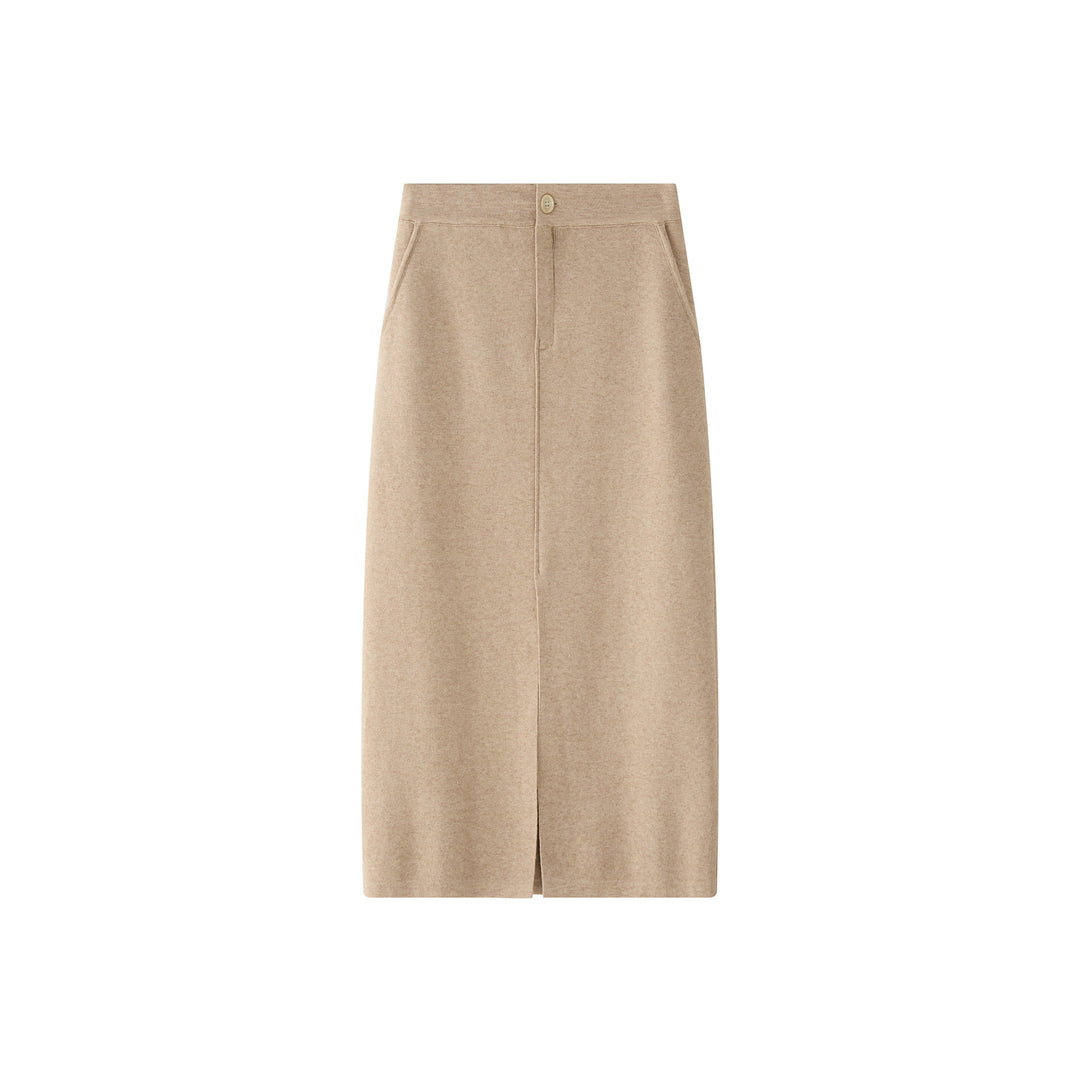 Ladies High-Waisted Knit Midi Skirt with Center Front Slit Amarae