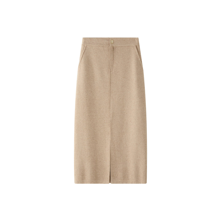 Ladies High-Waisted Knit Midi Skirt with Center Front Slit Amarae