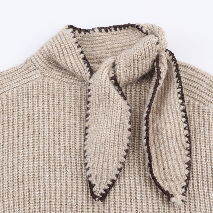 Women's Short-Cut Ribbed Knit Sweater with High Collar and Integrated Knot Scarf Amarae