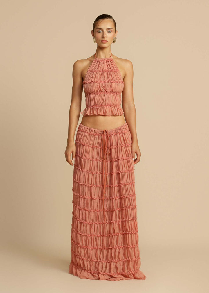 Women's Elegant and Playful Two-Piece Summer Dress with Ruffled Top and Flowing Skirt