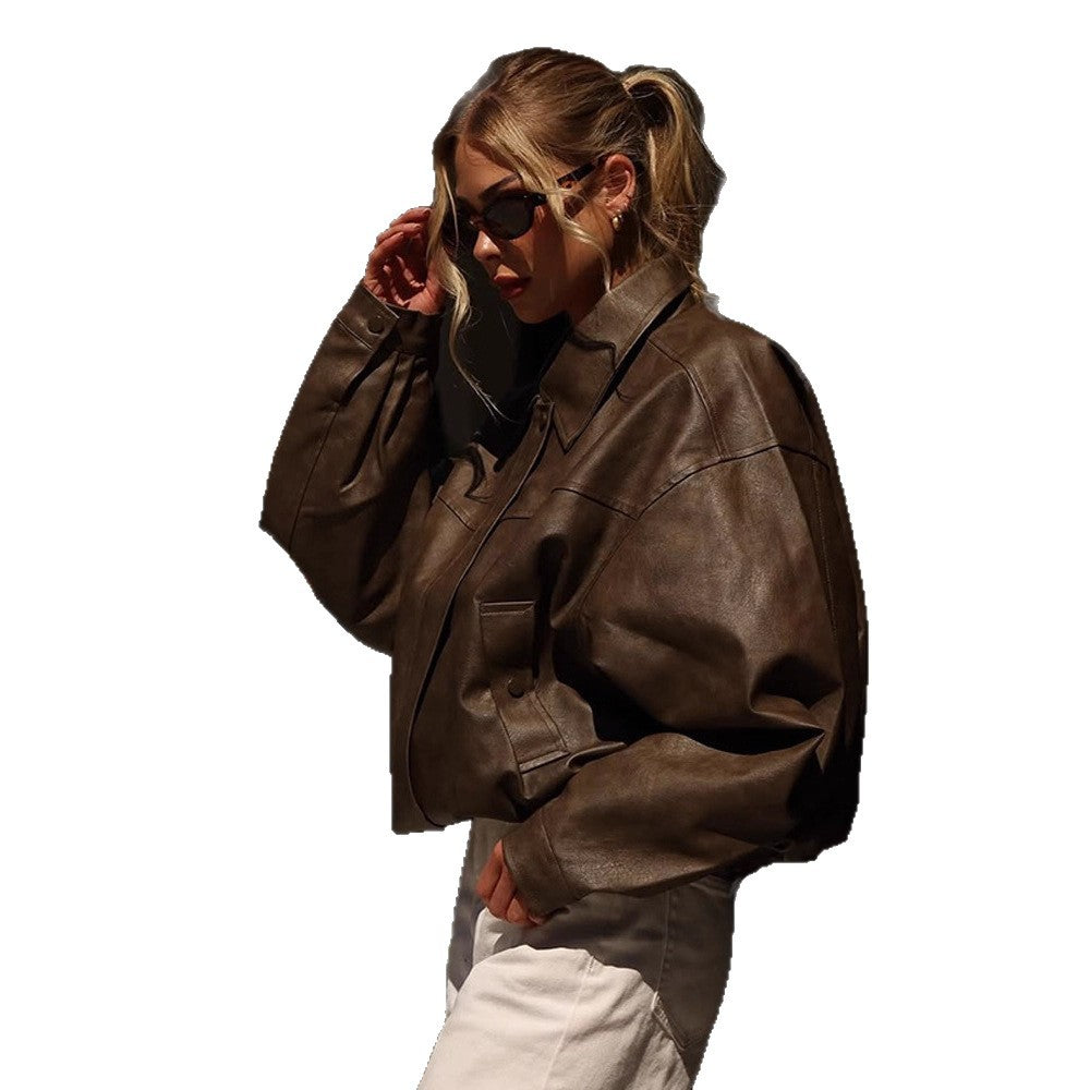 Women Boxy Cropped Faux Leather Blouson with Oversized Shoulder Amarae