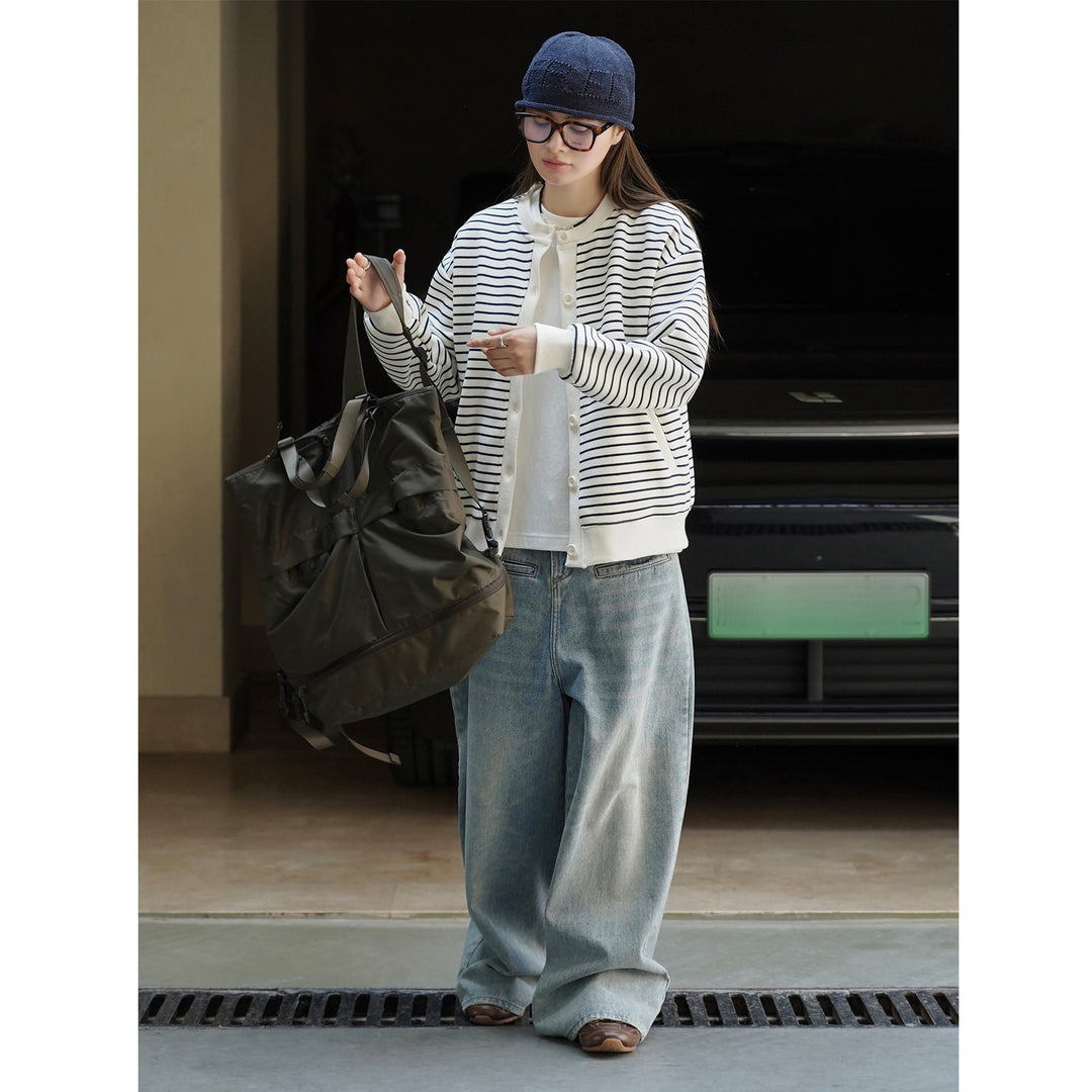 Women's Striped Knit Cardigan Jacket with Button Closure, Side Pockets and Ribbed Cuffs Amarae
