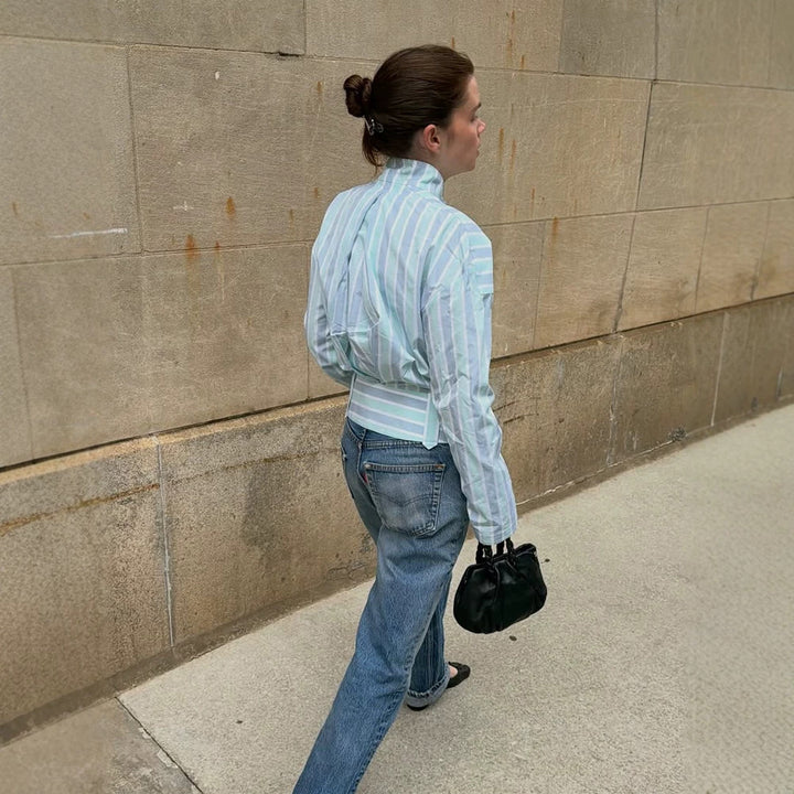 Women's Structured Blouse with Stand Collar, Waist Belt and Vertical Stripe Design Amarae