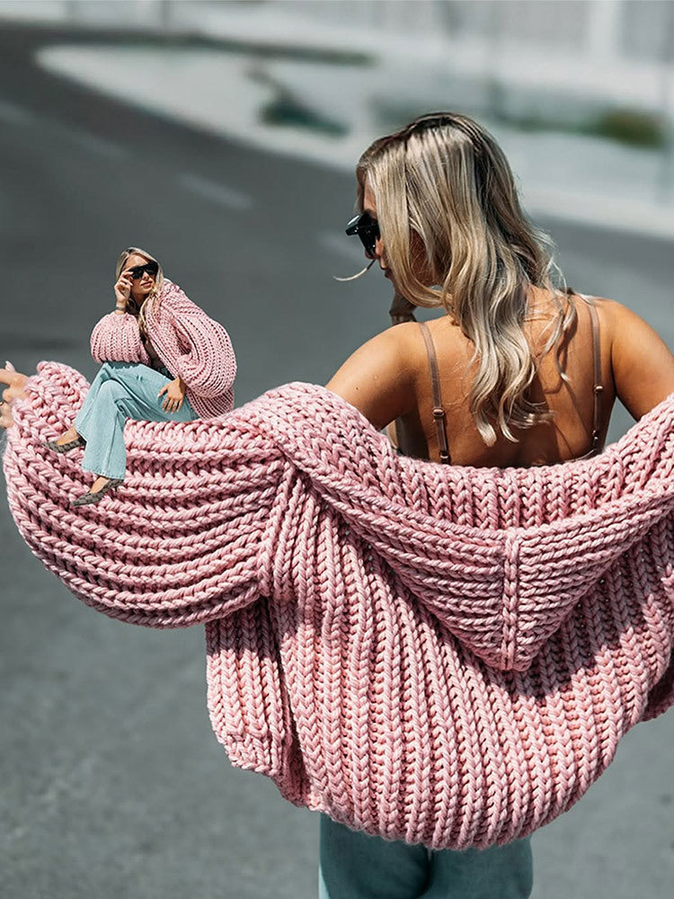 Women Oversize Chunky Knit Cardigan with Large Hood & Voluminous Sleeves Amarae