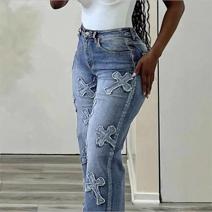 Women High-Waisted Straight-Leg Jeans with Fringed Cross Applications Amarae