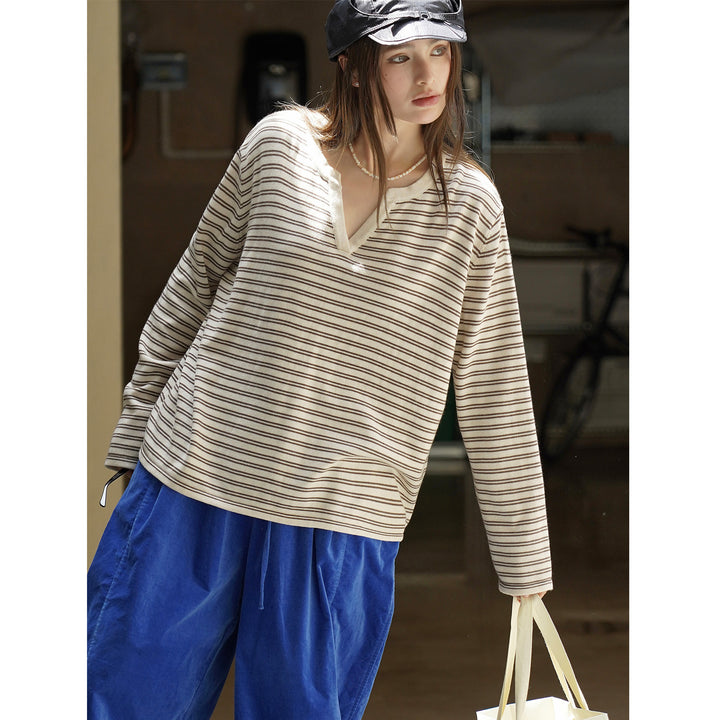 Women Striped Oversize Long Sleeve Shirt with V-Neck and Casual Silhouette Amarae