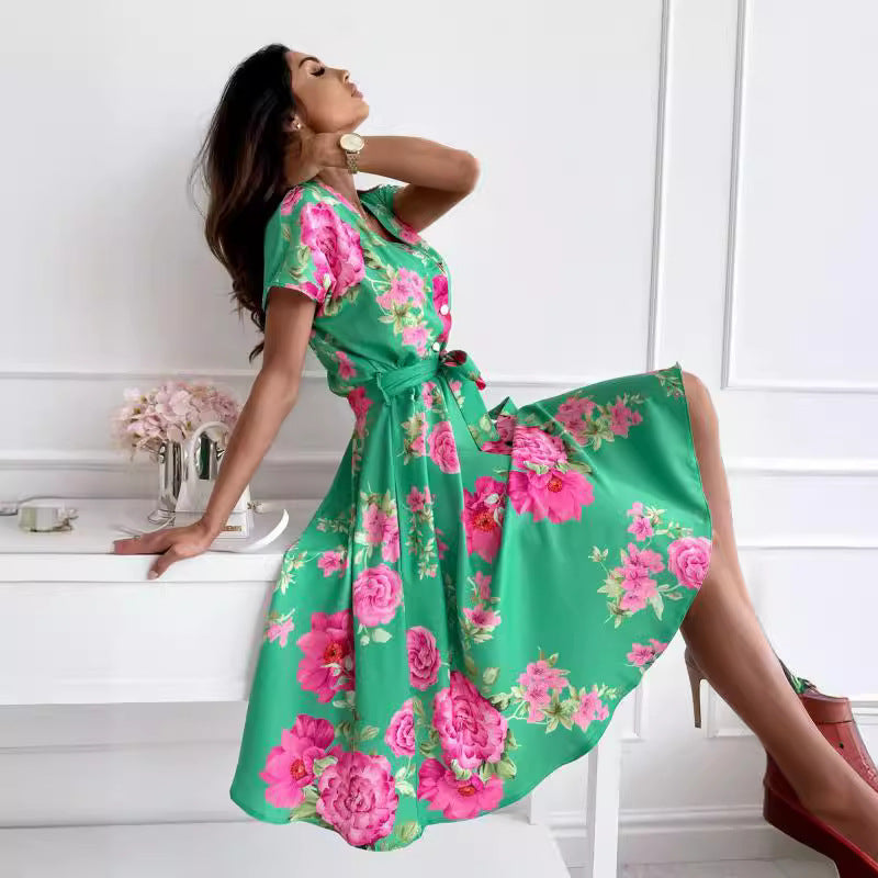 Midi floral pattern dress for women with a tie belt Lune London