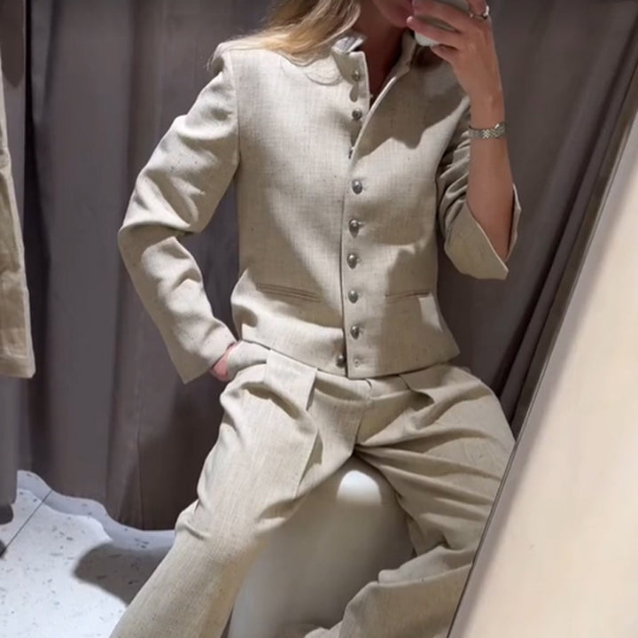 Women's stand collar jacket with metal buttons and wide pleated trousers Amarae