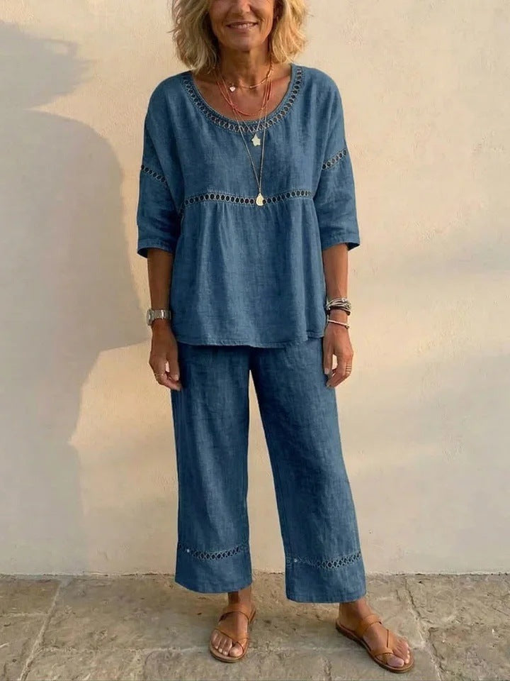 Women's Complete Loungewear Set Made of Linen with Airy Fit and Lace Details Chic & Stil
