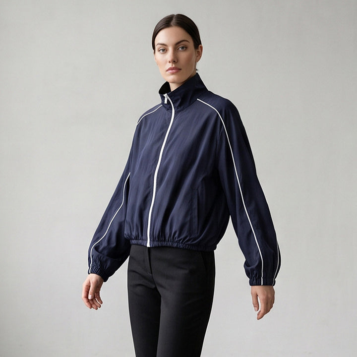Women's Lightweight Sports Track Jacket with Stand-up Collar, Contrast Piping and Elastic Waistband Amarae